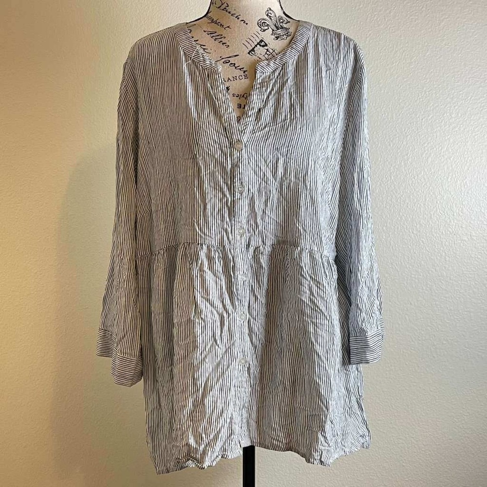 Cynthia Rowley Woman 1X Striped Tunic Shirt Button Front Roll Tab Sleeve Rayon